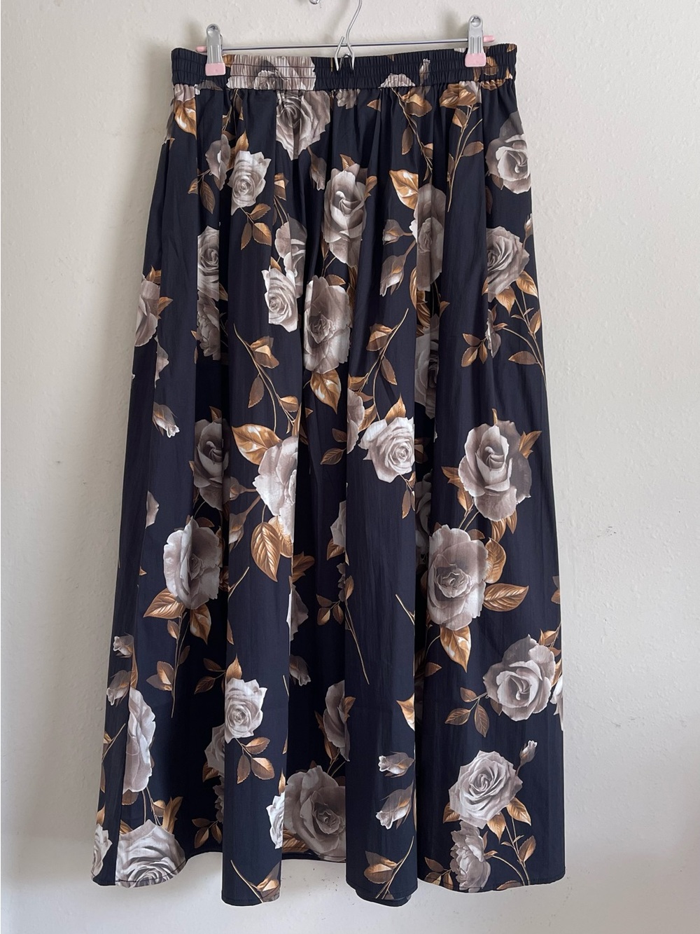 Joie Black Maxi Skirt with Taupe and Gold Floral Print